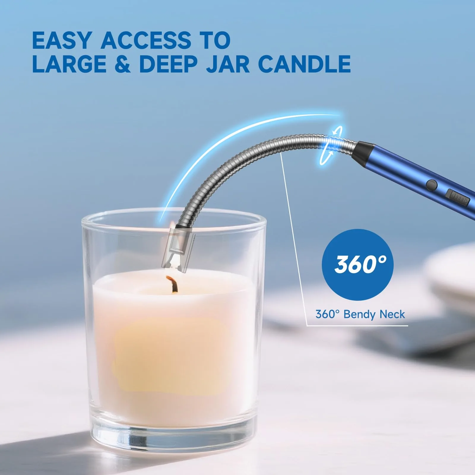 Flexible-neck TOPKAY lighter bent into a large glass jar candle