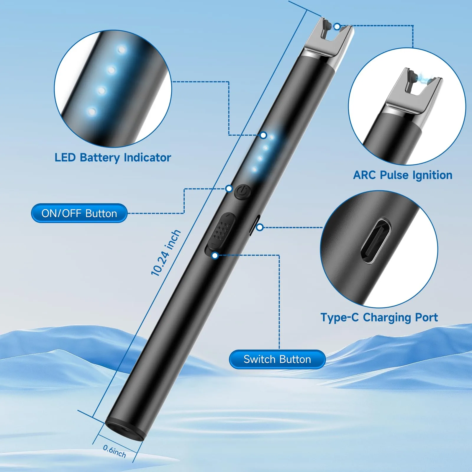 TOPKAY candle lighter diagram showing the LED battery indicator, ON/OFF switch, arc head and Type-C port