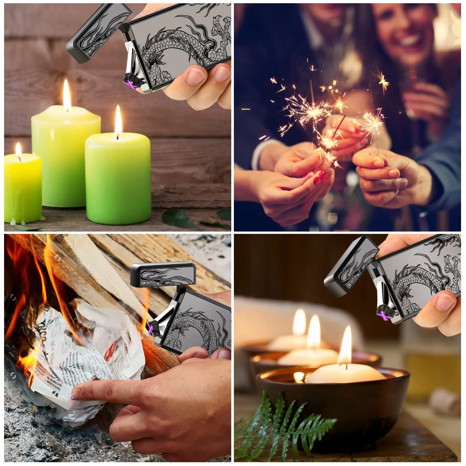 TOPKAY electric lighters in use: a dragon pocket lighter lighting candles, sparklers at a party, kindling for a fire and a tea light