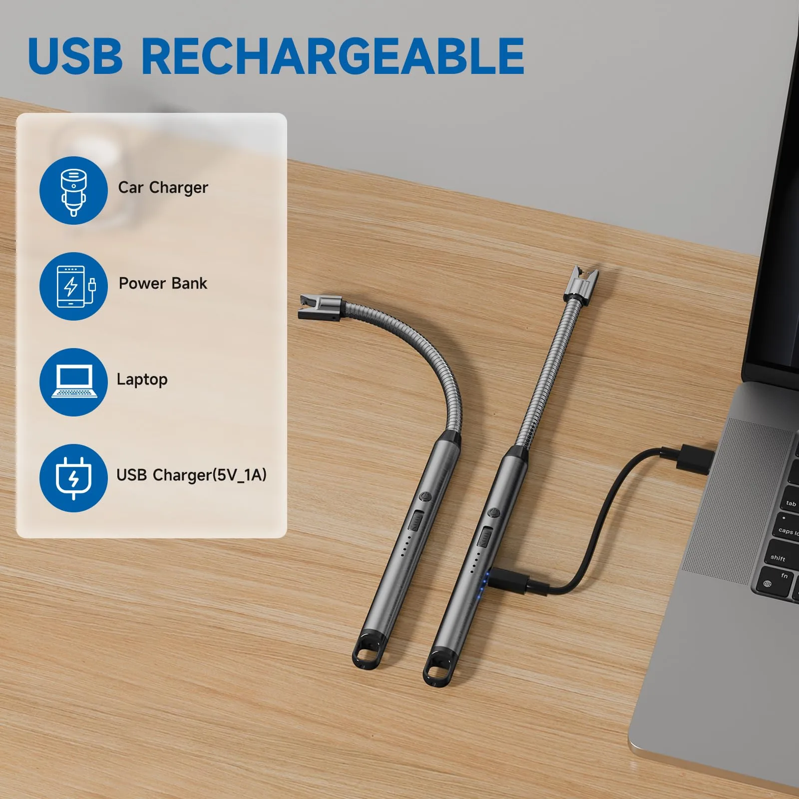 Two TOPKAY lighters charging from a laptop USB port on a wooden desk