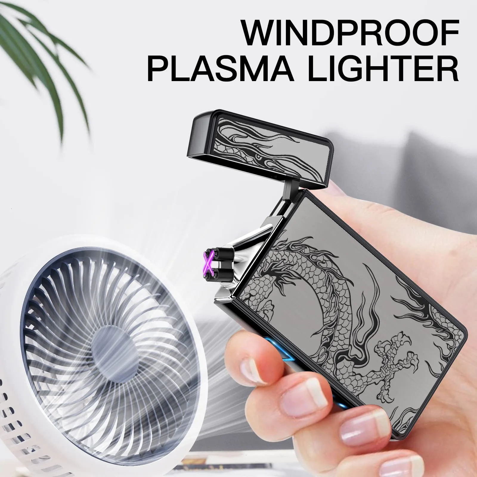TOPKAY dragon arc lighter glowing in front of a running desk fan